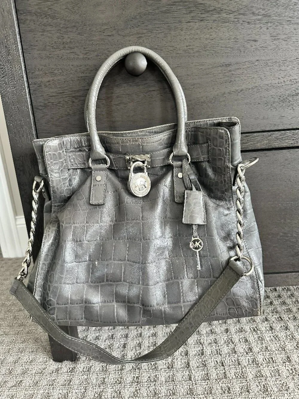 Michael Kors Hamilton Large Gray Croc Embossed Leather Tote Silver Padlock 2012